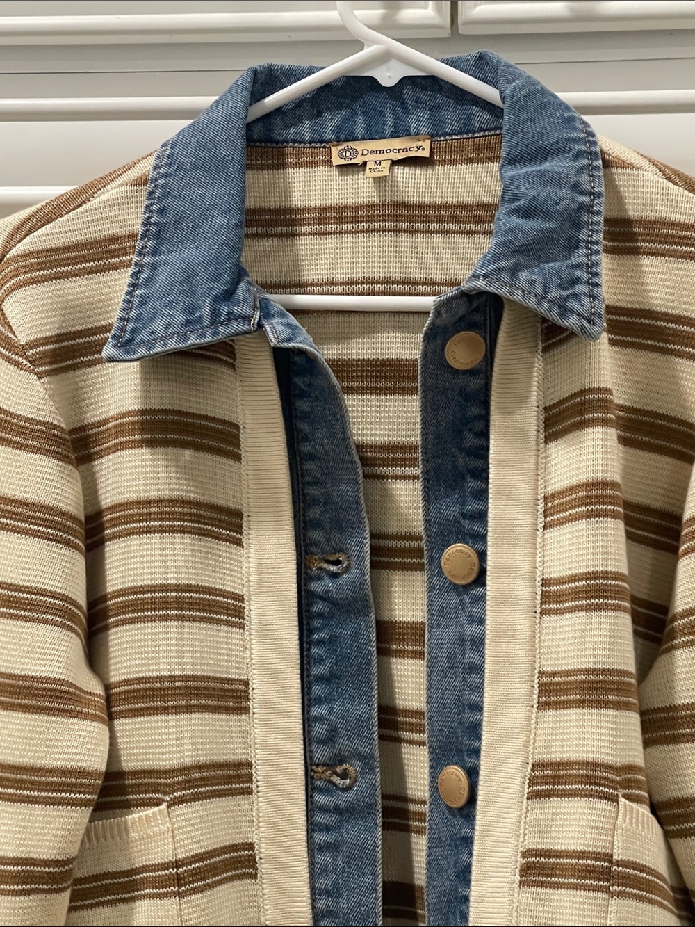 NWT Democracy ivory cream Striped Knit Jacket with Blue Denim Trim - Picture 4 of 14